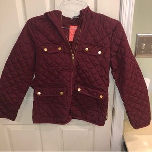 Burgundy J Crew signature puffer with hood